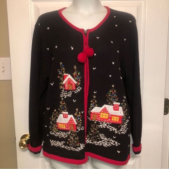 Christmas Cabins at Night Size XL Tacky Ugly Holiday Zip Cardigan Sweater Pom - Picture 9 of 9
